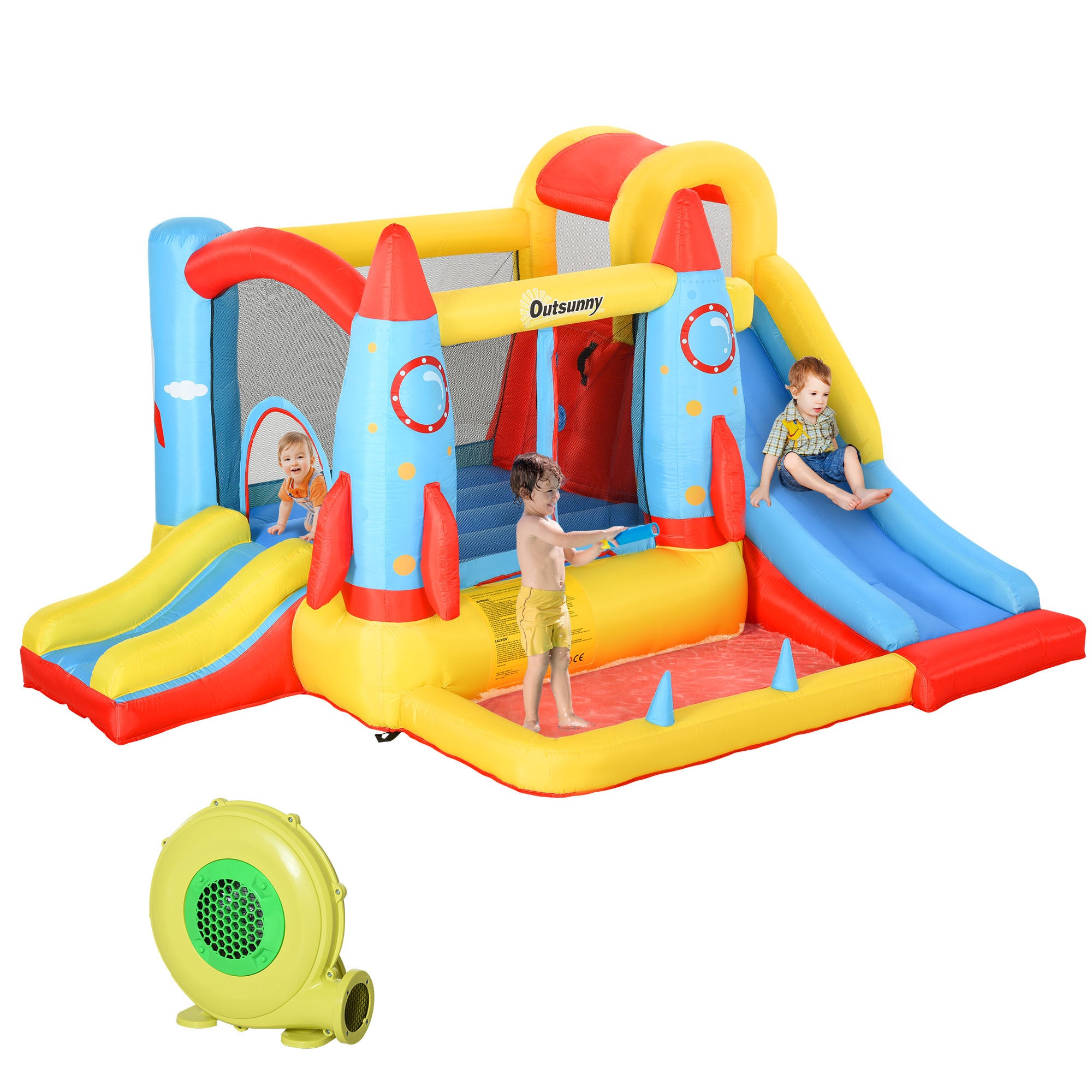 Outsunny Kids Inflatable Water Slide, 4-in-1 Bounce House Jumping Castle with 2 Slides, Climbing Wall, Trampoline, & Water Pool Area, Air Blower